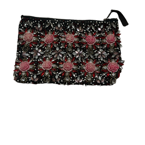 Vintage Embellished Floral Clutch - Black and Pink